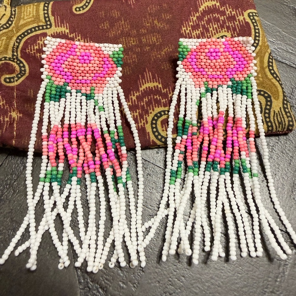 Anthropologie Pink and Green Beaded Fringe Earrings